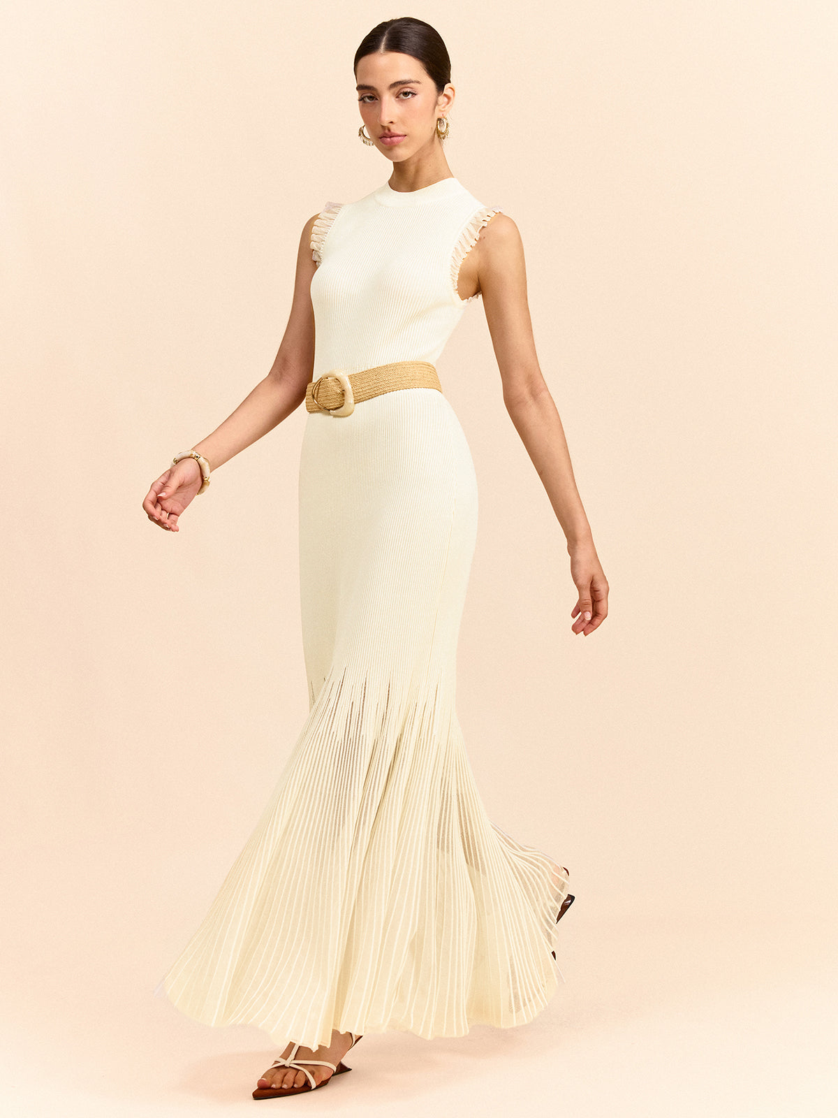 Tulle-Paneled Ruffled Knit Maxi Dress