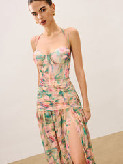 Floral Print Ruched Cami Dress With High Split