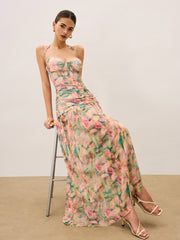 Floral Print Ruched Cami Dress With High Split