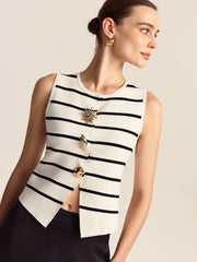Striped Metal Button Sleeveless Sweater Vest