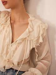 Semi-Sheer Ruffle Chiffon Breasted Blouse
