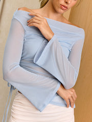 Off-Shoulder Semi-Sheer Mesh Top with Side Ruched Tie