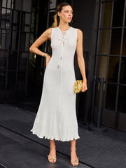 Lace-Up Neckline Ribbed Knit Maxi Dress