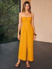 Strapless Ruched Wide-Leg Jumpsuit