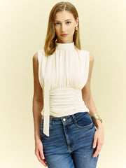 Semi-Sheer Ruched Waist Bow Tie-Back Blouse