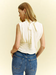 Semi-Sheer Ruched Waist Bow Tie-Back Blouse
