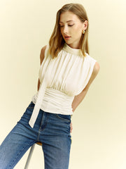 Semi-Sheer Ruched Waist Bow Tie-Back Blouse