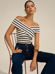 Striped Off-Shoulder Cross Knit Top