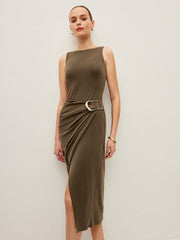 Metal Buckle Detail Shirred Waist Sleeveless Dress