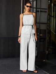 Cotton & Linen Contrast Trim Tie-Waist Top and Pants Set
