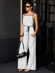 Cotton & Linen Contrast Trim Tie-Waist Top and Pants Set