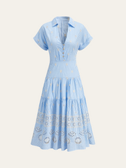 Short-Sleeve Embroidered Floral Striped Dress