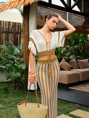 Crochet Stripe Skirt Set With Tassel Tie Waist