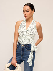 Semi-Sheer Polka Dot Wrap Halter Top