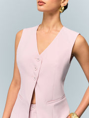 V-Neck Buttoned Vest with Shorts Set