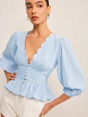 Scalloped V-Neck Peplum Top with Puff Sleeves
