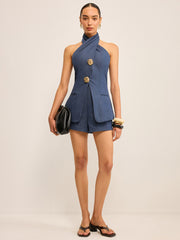 Metal Button Halter Neck Top with Shorts Set