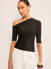 Semi-Sheer One-Shoulder Top with Mesh Sleeve