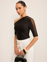 Semi-Sheer One-Shoulder Top with Mesh Sleeve
