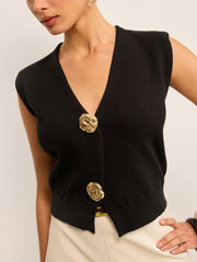 Metal Button V-Neck Knit Vest