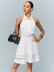 Linen Halter Belted Dress with Lace Hem