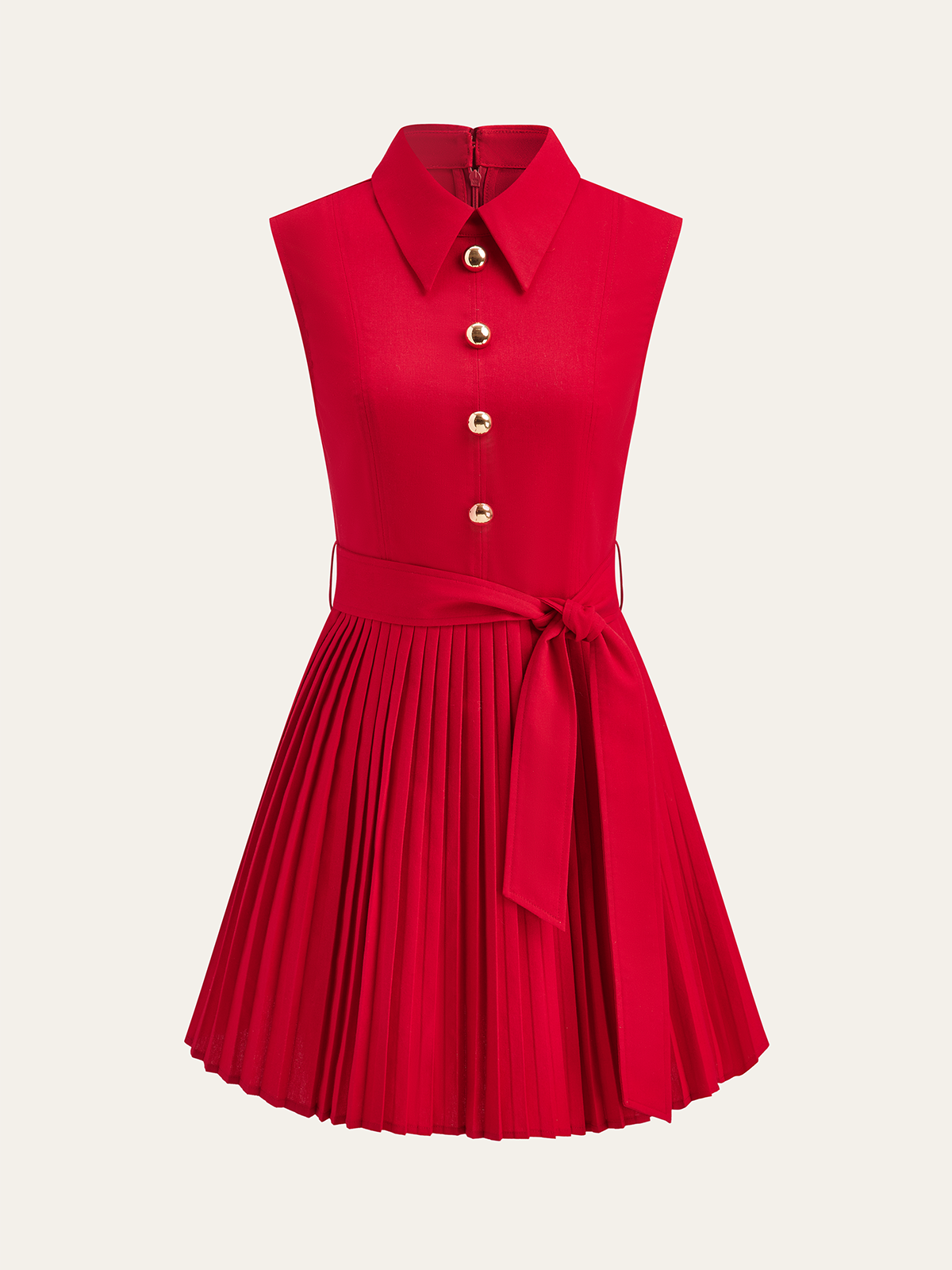 Shirt-Collar Pleated Dress with Belt