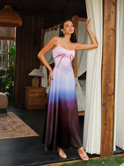 Spaghetti Straps Tie-Dye Gradient Satin Maxi Dress With Lace-Up Back