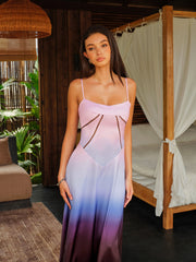 Spaghetti Straps Tie-Dye Gradient Satin Maxi Dress With Lace-Up Back