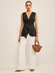 Belted Vest with 3D Sequin Flower Embellishments