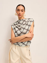Sleeveless Plaid Backless Chiffon Shirt