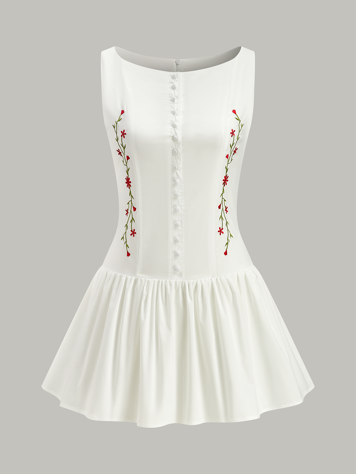 Embroidered Floral Mini Dress with Front Buttons