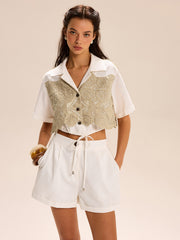 Lace-paneled Cropped Shirt Shorts Set