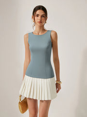Sleeveless Top Pleated Skirt Paneled Mini Dress