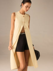 Sleeveless Knit Midi Top with Metal Button Front