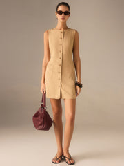 Cotton Blend Buttoned Dress with Pockets and Ties