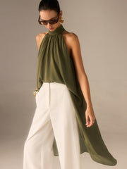 Semi-Sheer Halter-Neck Chiffon Long Top