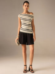 Asymmetric Off-Shoulder Striped Knit Top