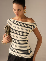 Asymmetric Off-Shoulder Striped Knit Top