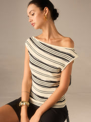 Asymmetric Off-Shoulder Striped Knit Top