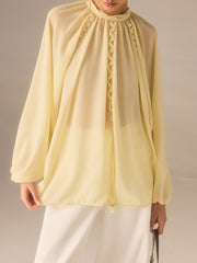 Semi-Sheer Chiffon Stand Collar Blouse with Braided Detail
