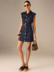 Denim Button-Front Collared Sleeveless Dress Without Belted