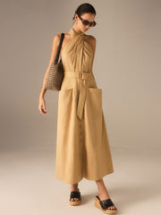 Cotton Pleated Halter Neck Belted Midi Dress