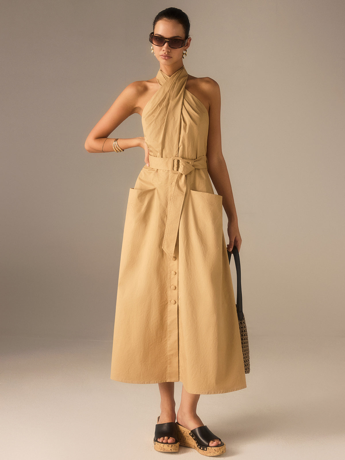 Cotton Pleated Halter Neck Belted Midi Dress