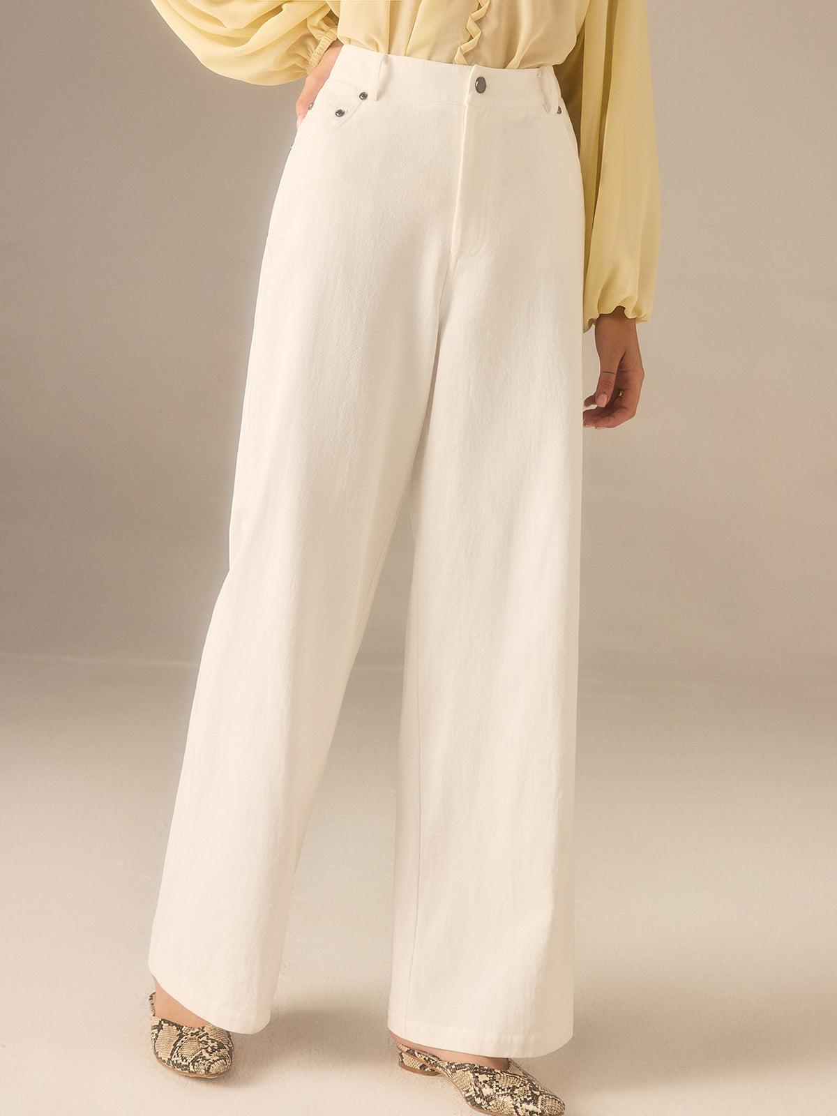 Cotton Twill Wide-Leg Pants with Metal Rivet Button