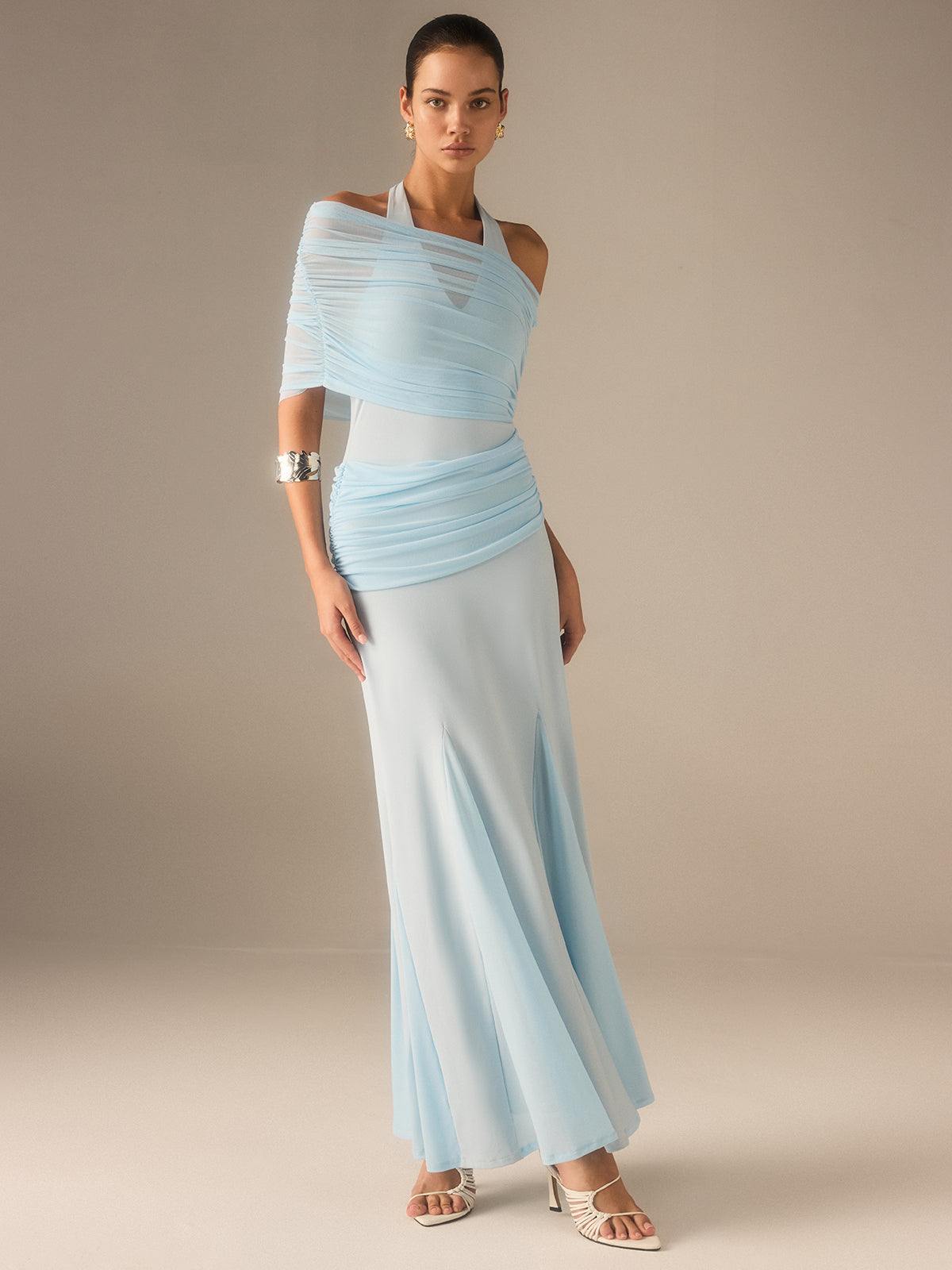 Semi-Sheer Elastic Mesh Ruched Maxi Dress