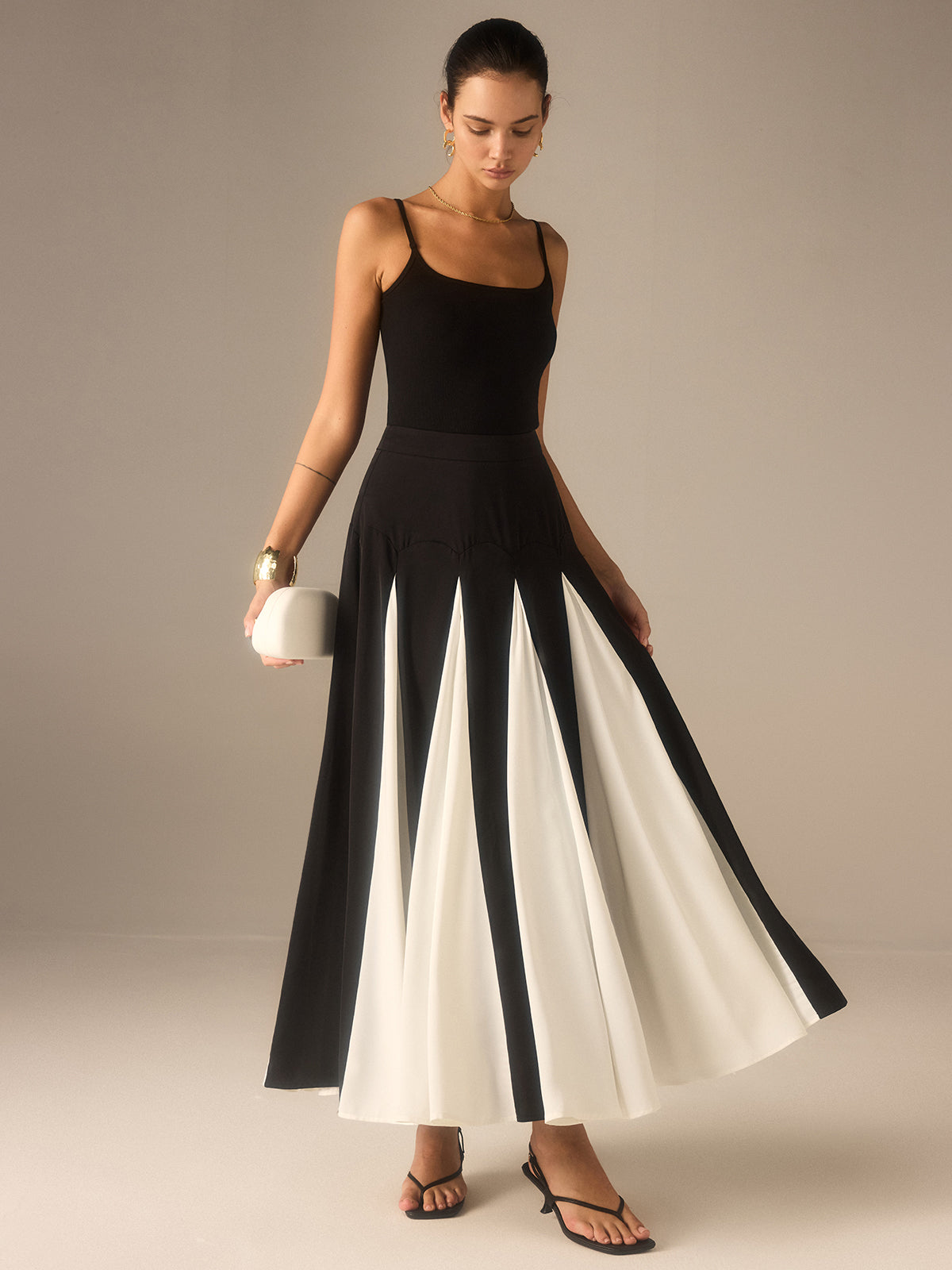 Color-Blocked Midi Skirt with Insert Panels