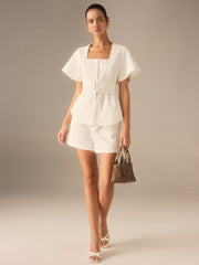 Cotton Square Neckline Top with Belted Waist
