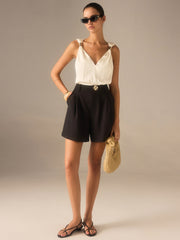 Satin Twist-Strap V-Neck Top with Metal Detail