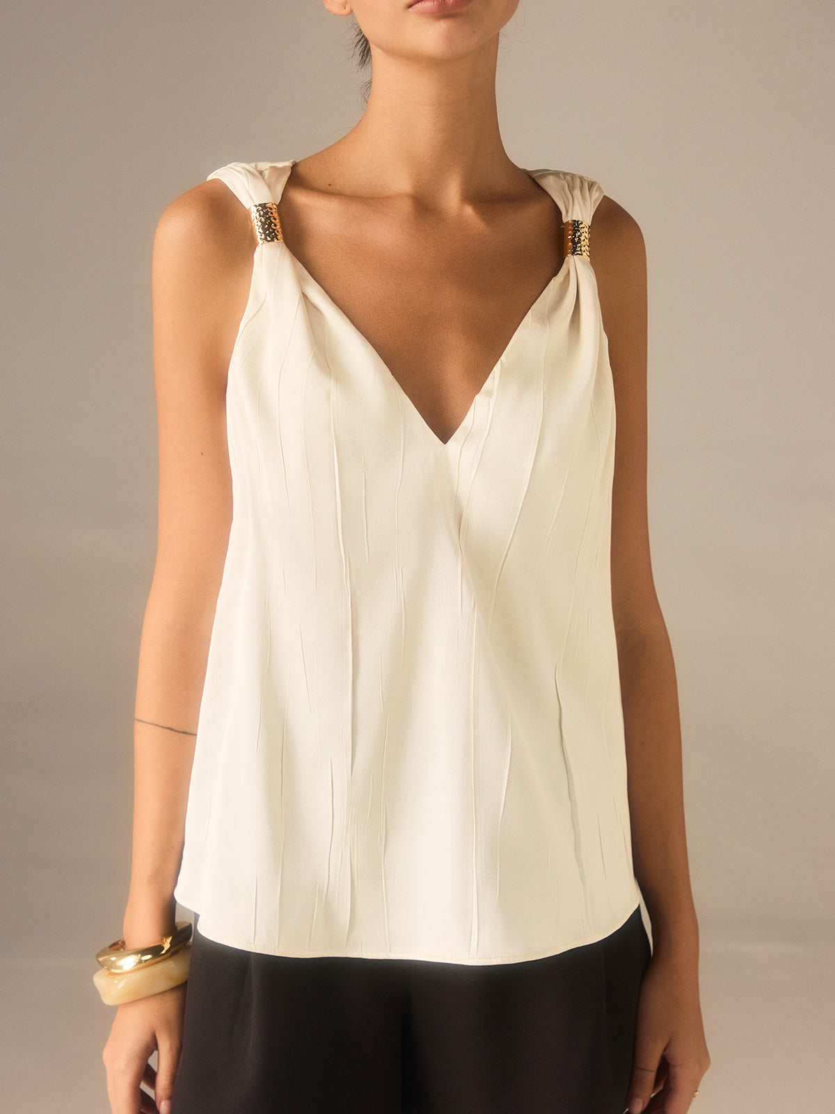 Satin Twist-Strap V-Neck Top with Metal Detail