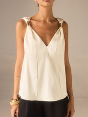 Satin Twist-Strap V-Neck Top with Metal Detail